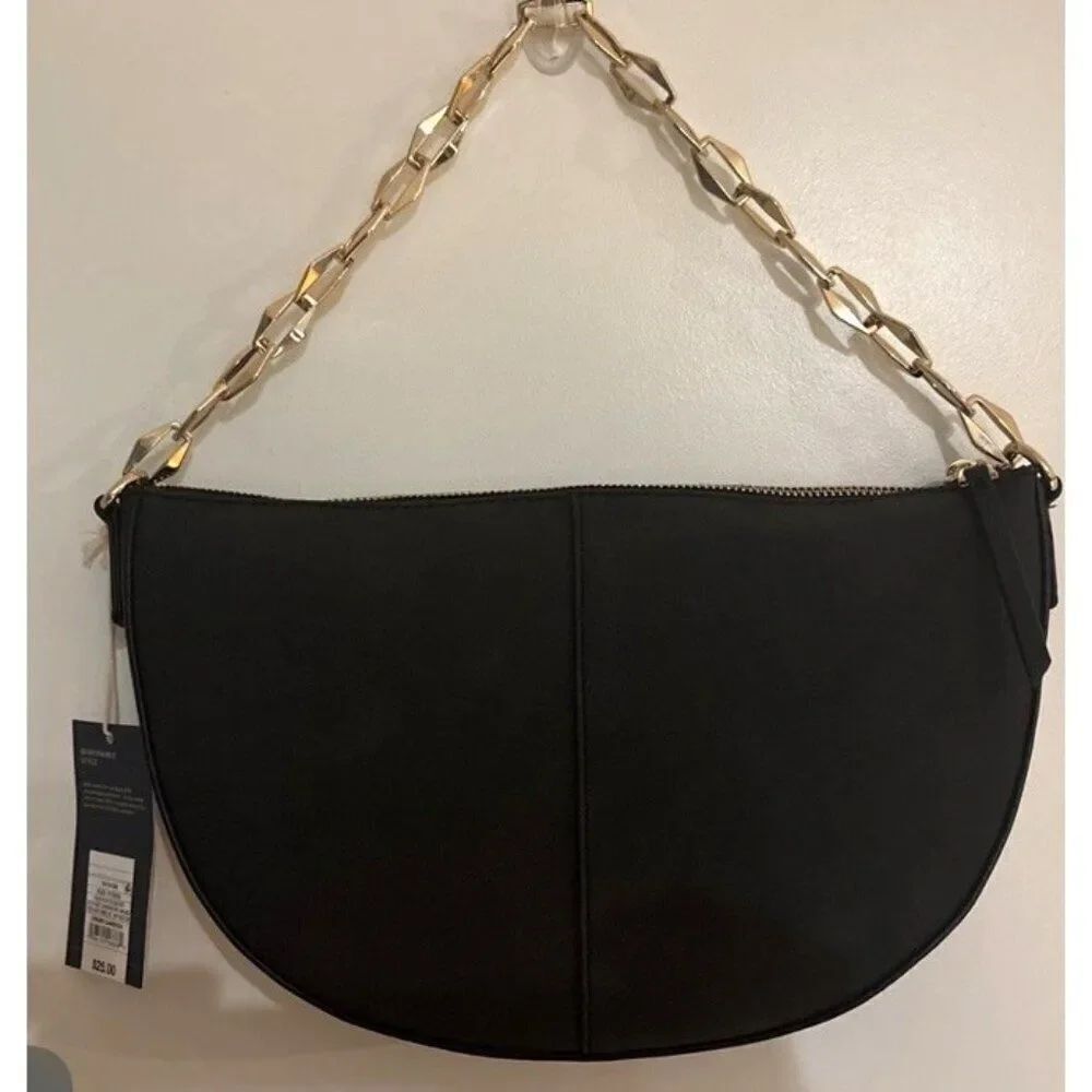 Black Slouched Half Moon Gold Tone Chain Link Shoulder Bag Faux Suede NWT